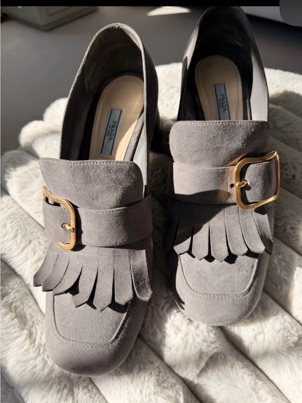 Prada Gray Suede Kiltie Loafers with Gold Buckle
